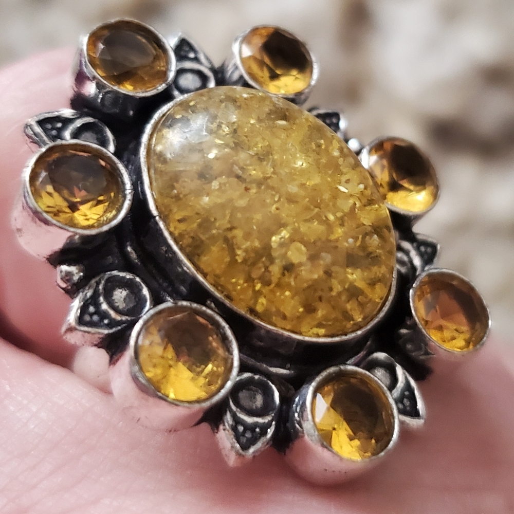 New Amber and Citrine 925 Silver Statement Ring. - Picture 3 of 12